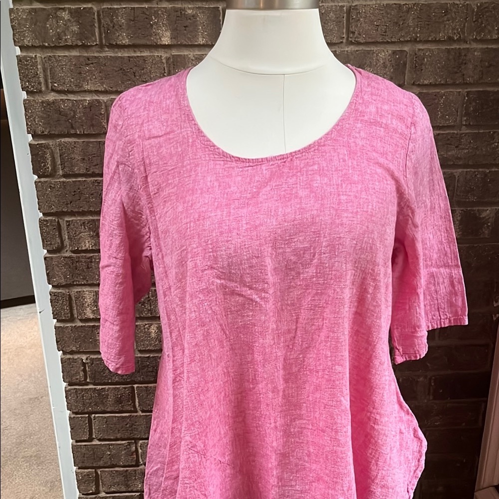 For Cynthia Pink Relaxed Short Sleeve Linen Blend Top asymmetrical hem Size 1X